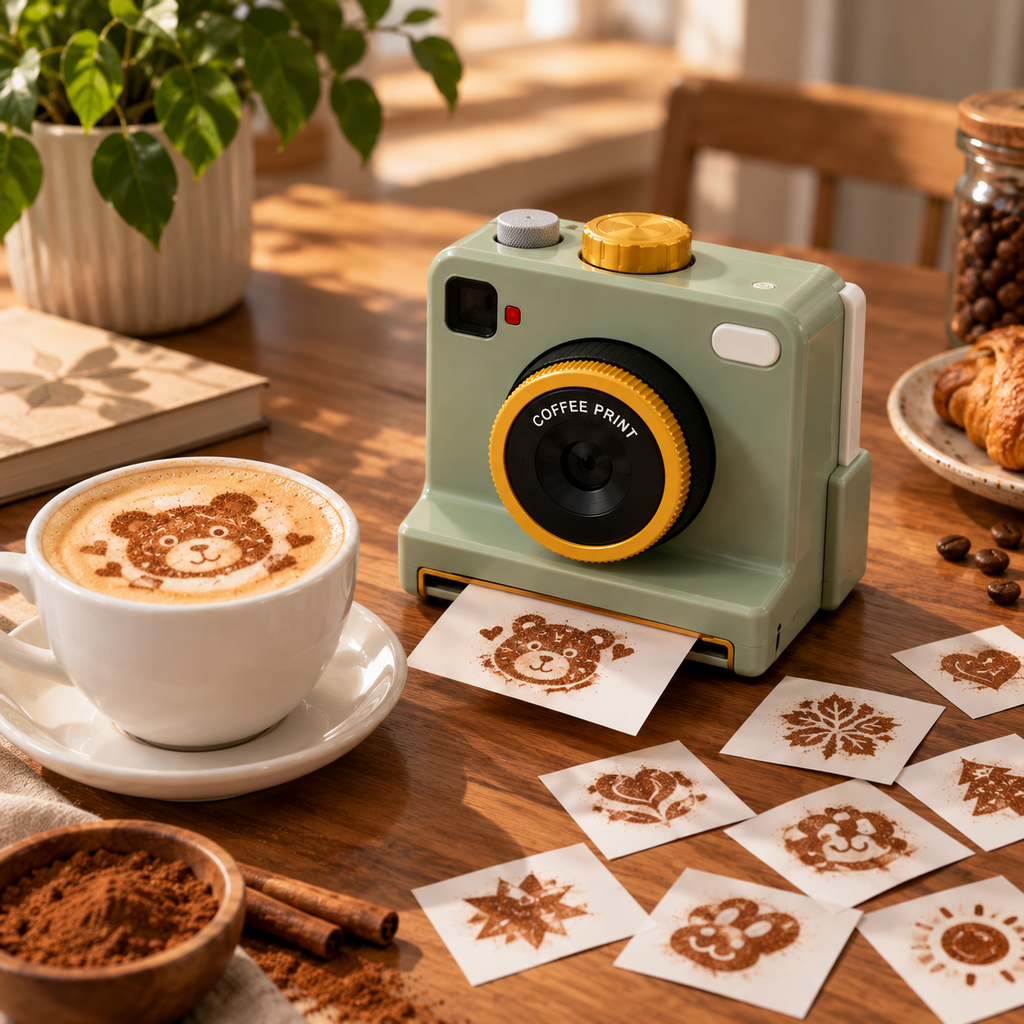 Camera-shaped coffee art device beside a decorated cup and design sheets