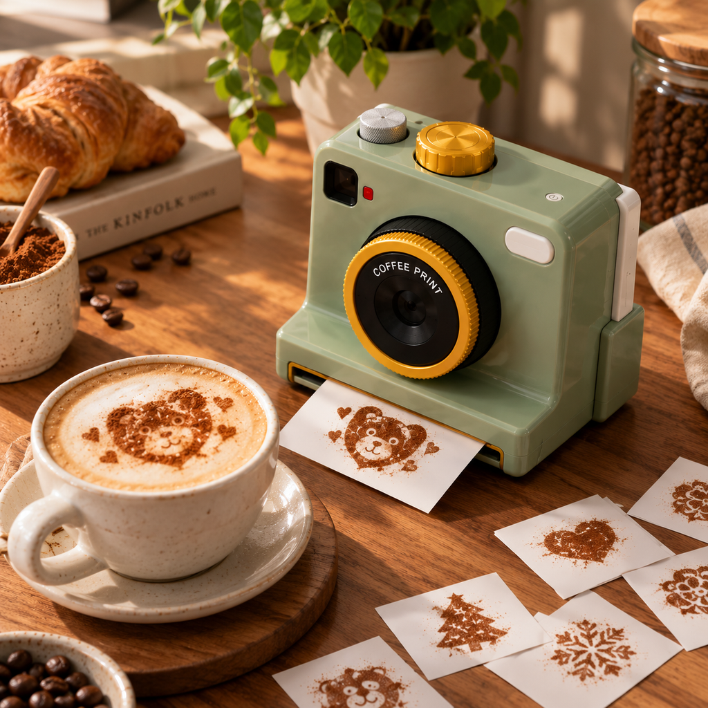 Coffee art device with cinnamon design sheets beside a cup