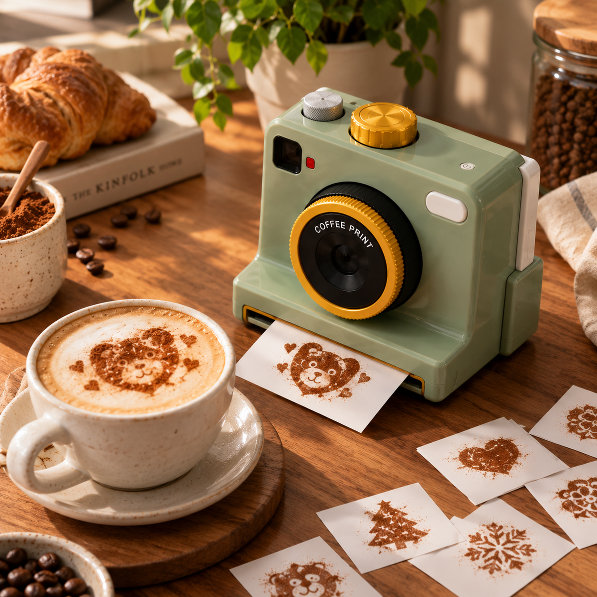 Coffee art device with cinnamon design sheets beside a cup